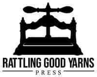 Intricate black and white logo of Rattling Good Yarns Press with vintage style.