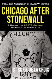 Front cover of "Chicago After Stonewall" featuring a photo of a vintage denim jacket with gay liberation symbols painted on the back of it.