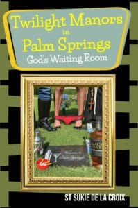 Twilight Manors in Palm Springs God's Waiting Room, book 1 of the Twilight Manors series. On the cover is a leatherman, a nun, and a hairy drag queen.
