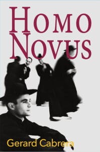 The front cover of "Homo Novus" featuring the black and white image of young priest frolicking in the snow.