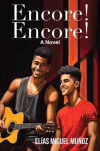 Front cover of Enore! Encore!. Two young smiling Latino men who are friends, one is holding a guitar.