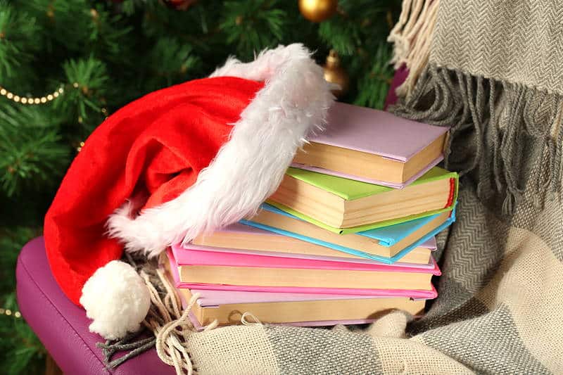 Stack of books with a Santa Hat.