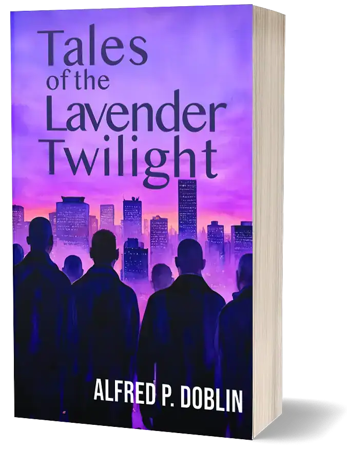 The front cover of "Tales of the Lavender Twilight," by Alfred. P. Dobins. A lavender tinted cover with a group of men in the foreground, seen from the back, looking out over a city skyline.