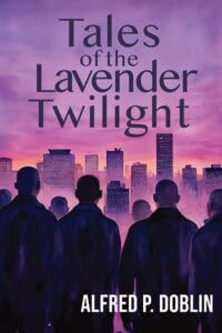 A group of men seen from the back, looking over a city skyline tinged purple and lavender.