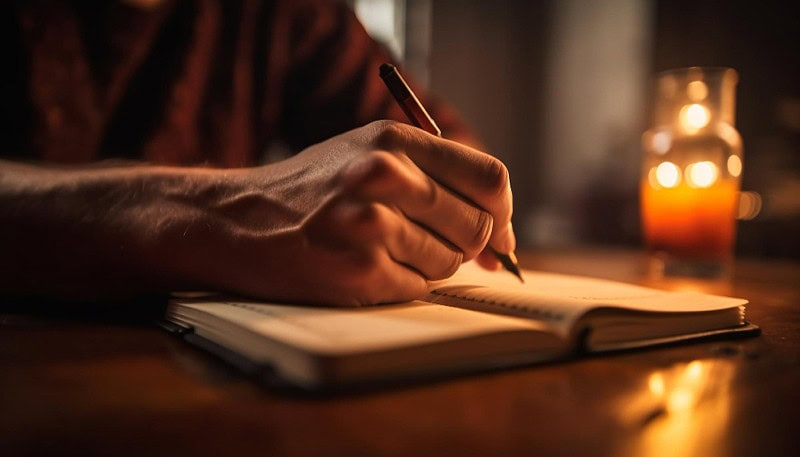 Photo of someone writing by candlelight in a notebook