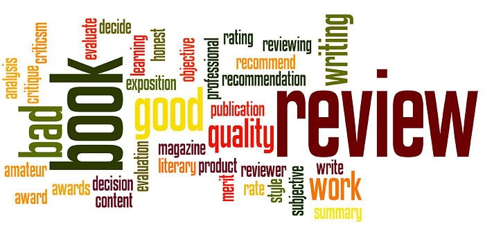 A word cloud of book review terms.