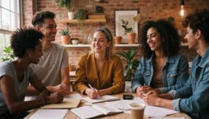 A group of five adults sitting around a table in a cozy, modern space with brick walls and plants. They are smiling and engaged in conversation, with notebooks, papers, and a coffee cup in front of them, suggesting a collaborative session.