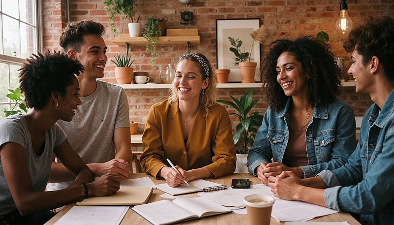 A group of five adults sitting around a table in a cozy, modern space with brick walls and plants. They are smiling and engaged in conversation, with notebooks, papers, and a coffee cup in front of them, suggesting a collaborative session.