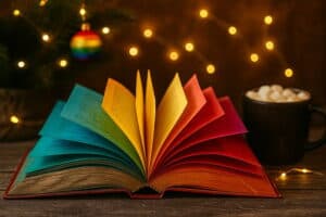 An open book with rainbow-colored pages rests on a wooden table beside a mug of cocoa and glowing holiday lights. A small evergreen branch with a Pride-colored ornament adds a festive, inclusive touch, symbolizing the warmth and joy of LGBTQ+ stories during the holiday season.