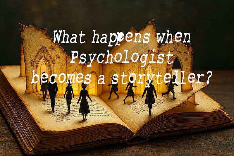 Illustration of an antique open book with paper-cut ruins and small silhouetted figures walking across the pages, symbolizing fictional characters coming to life, with the text across the picture "What happens when a psychologist becomes a storyteller?"