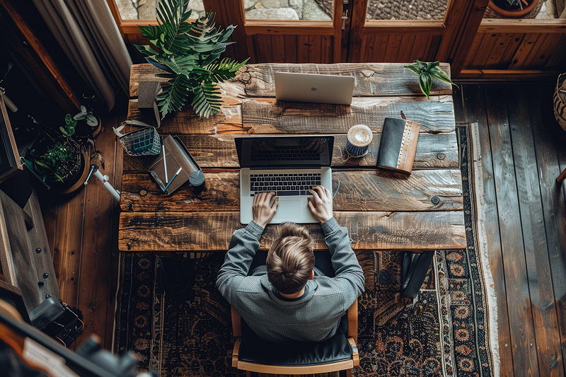 An overhead view of a person working on a laptop at a rustic wooden desk in a cozy, wood-paneled room, surrounded by plants, notebooks, coffee, and natural light from large windows.