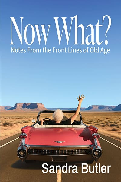 Cover of Now What? Notes From the Front Lines of Old Age by Sandra Butler. A white-haired older woman drives a red vintage convertible down a long desert highway, raising one hand in the air, with mesas in the distance beneath a wide blue sky.